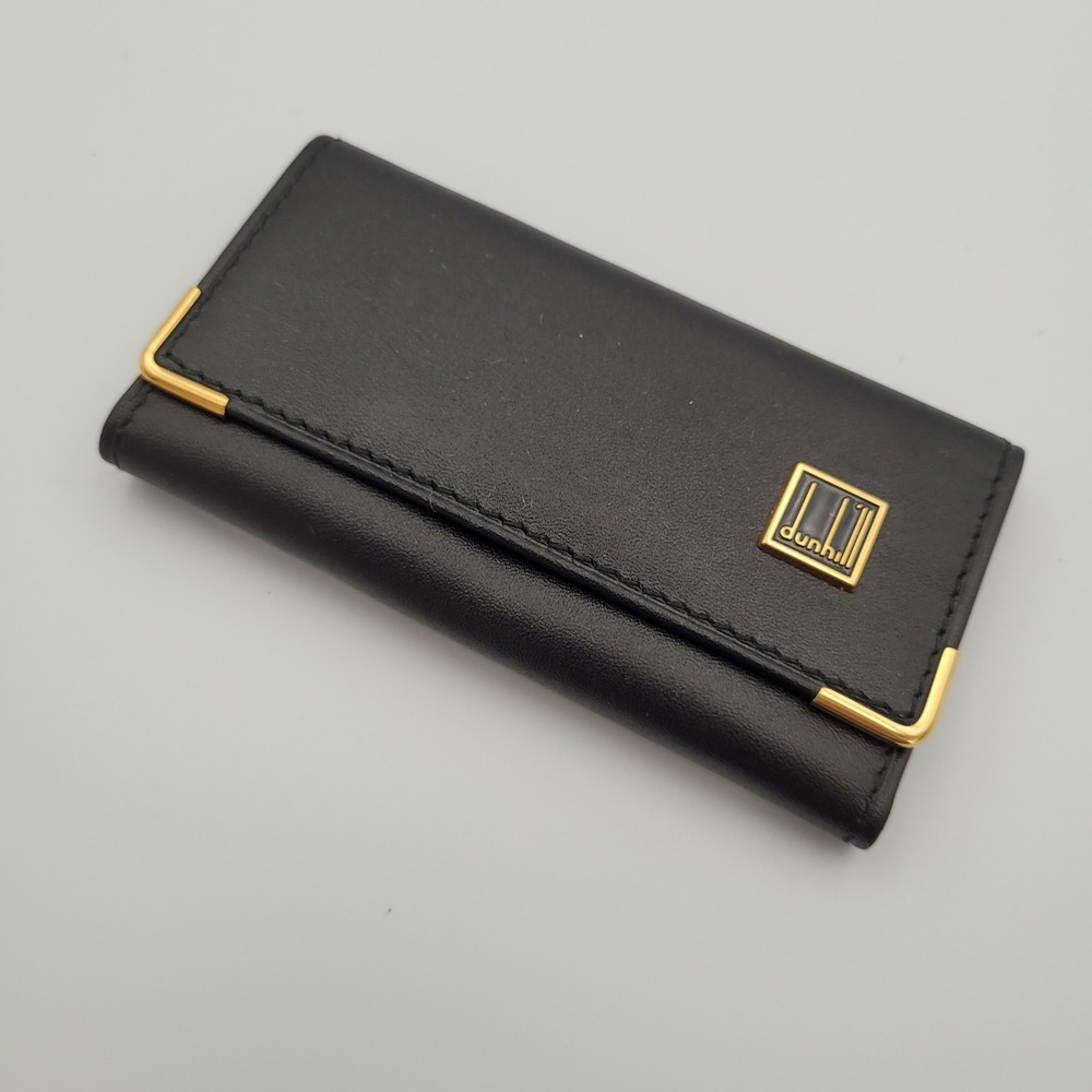 Dunhill Black Leather Key Case Gold Tone Hardware Tri-Fold Made in Spain